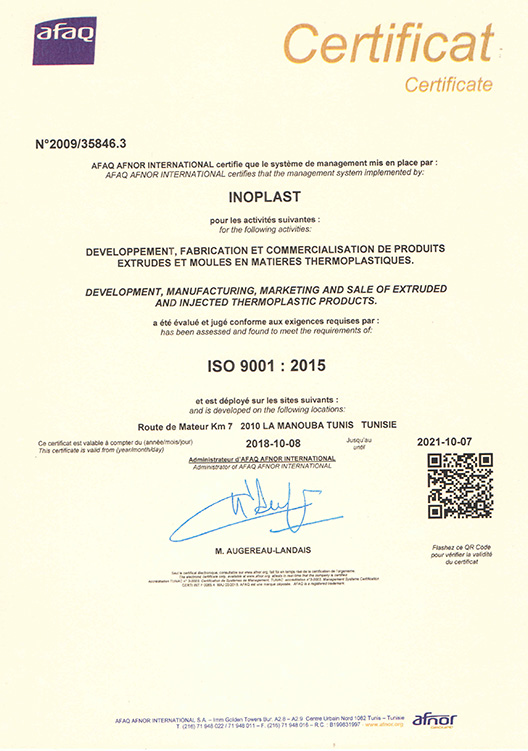 Certificat AFAQ AFNOR ISO 9001:2015 délivré à Inoplast